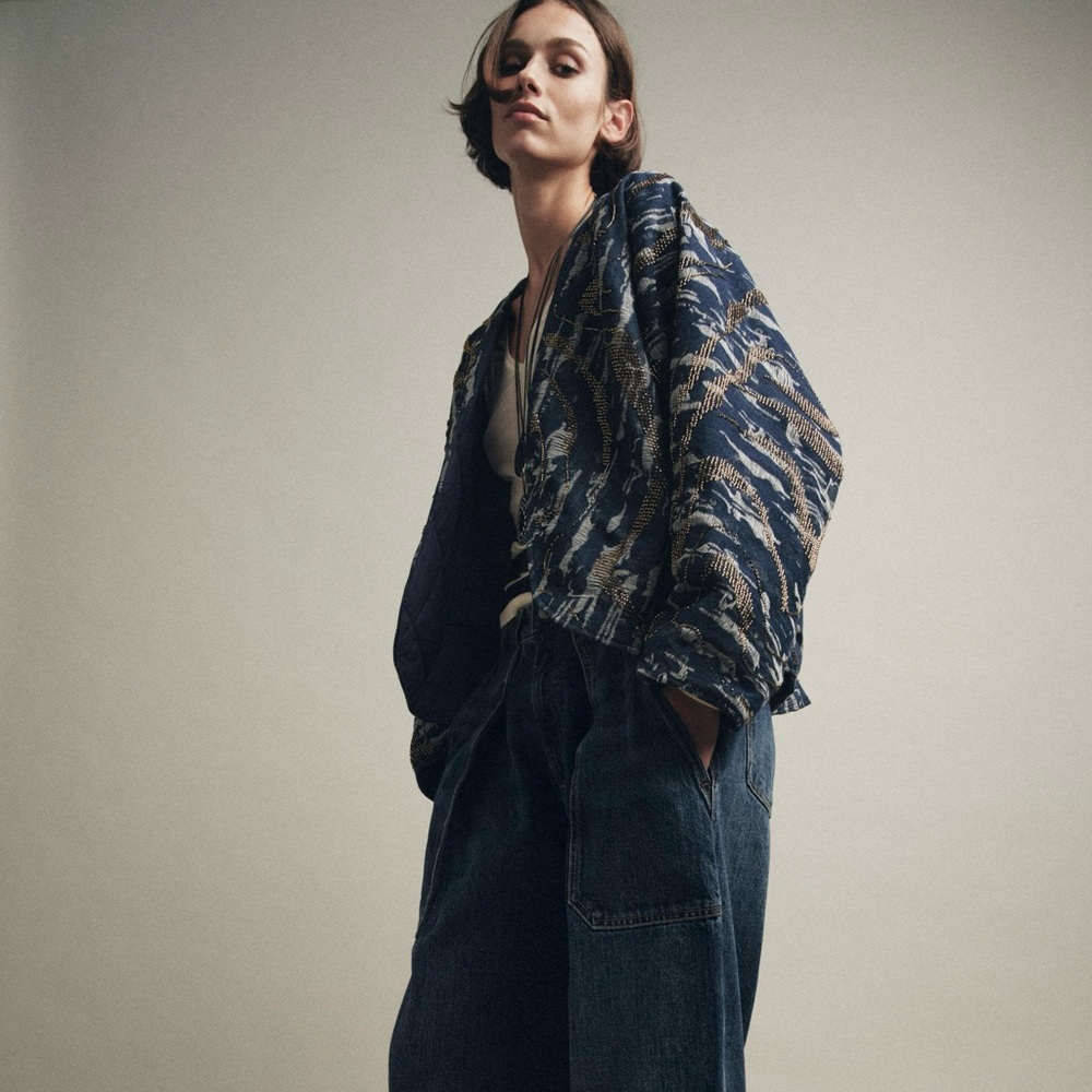 NWT Zara Beaded Denim-Effect Quilted Kimono Jacket Blue Boho Women’s Size M/L - Picture 2 of 11